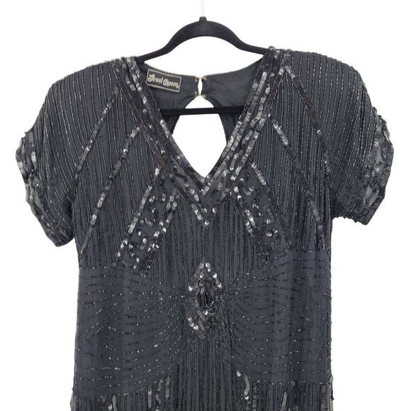 Vintage 80s Silk Black Beaded Sequined Short Sleeve Flapper Dress Sz M Cutout - Picture 5 of 14